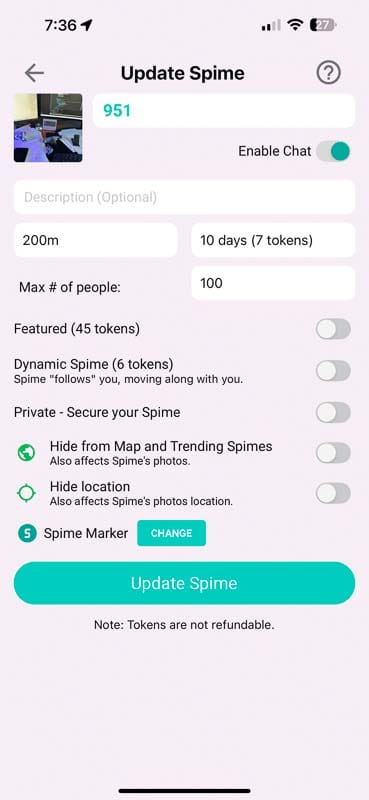 Spime V3 - Spime update screen
